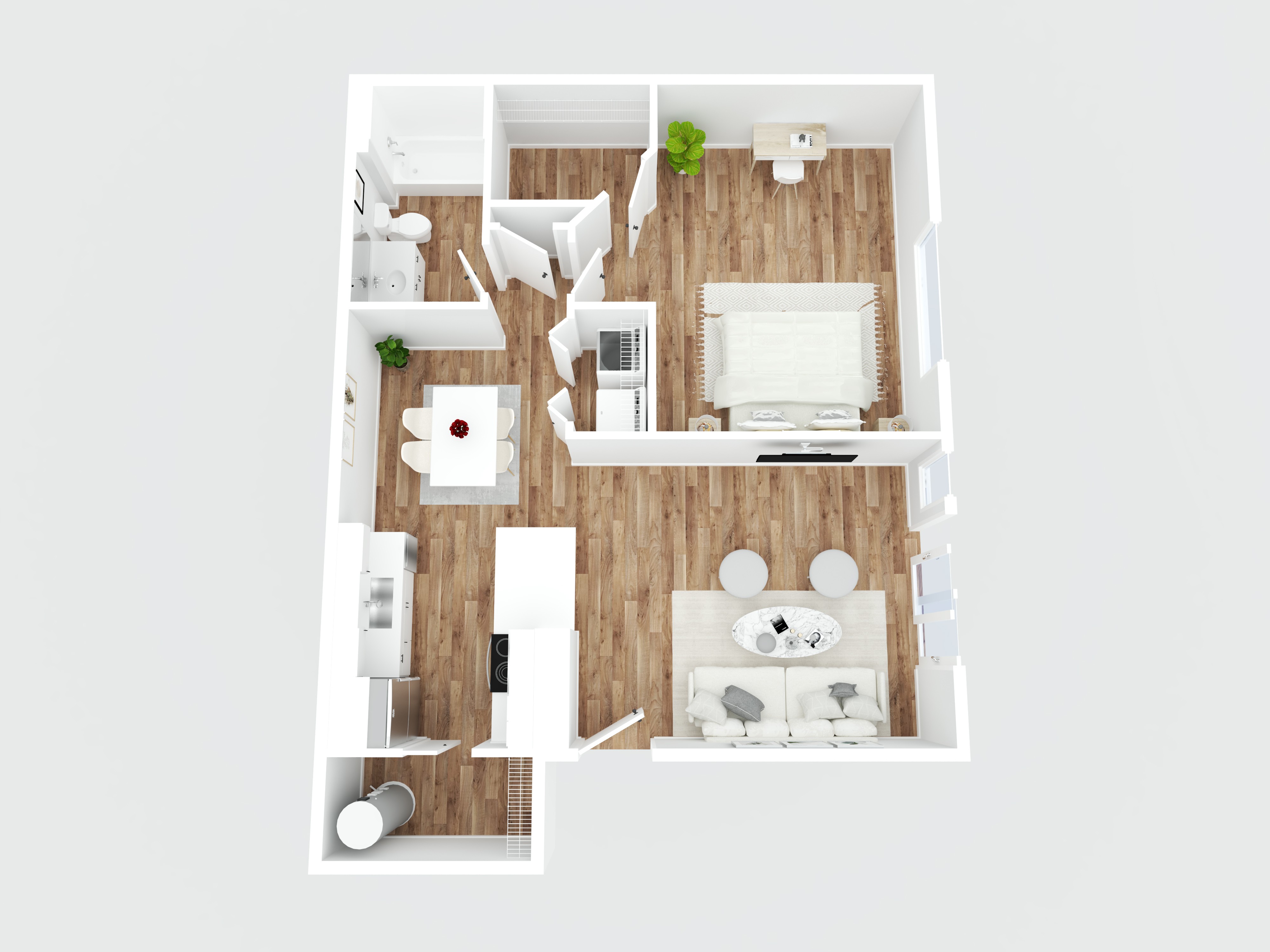 3D floor plan of a one-bedroom apartment with a living area, kitchen, dining space, bathroom, and bedroom with a desk and closet.