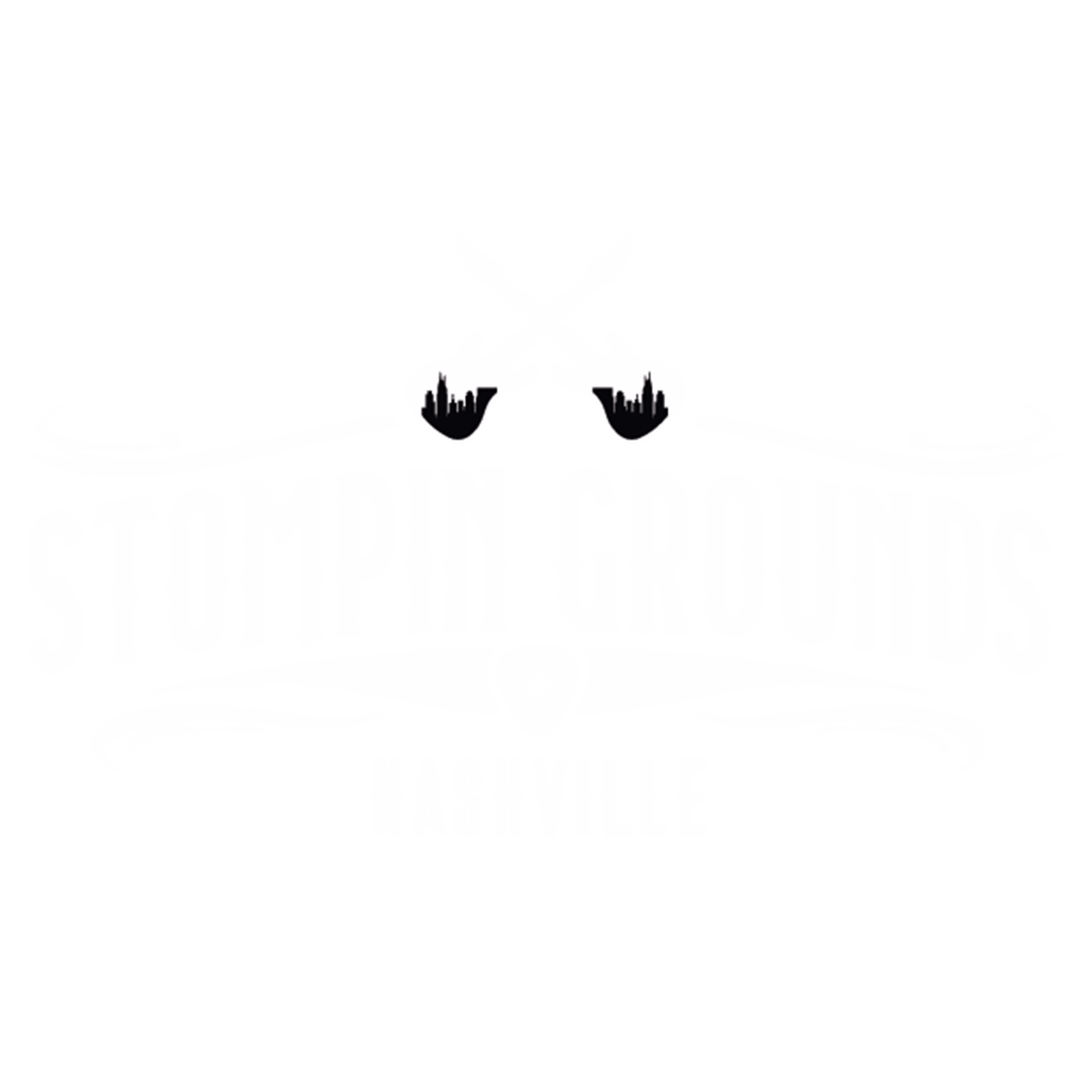 White Stompin Grounds Nashville logo with crossed guitars and decorative swirls on black background.