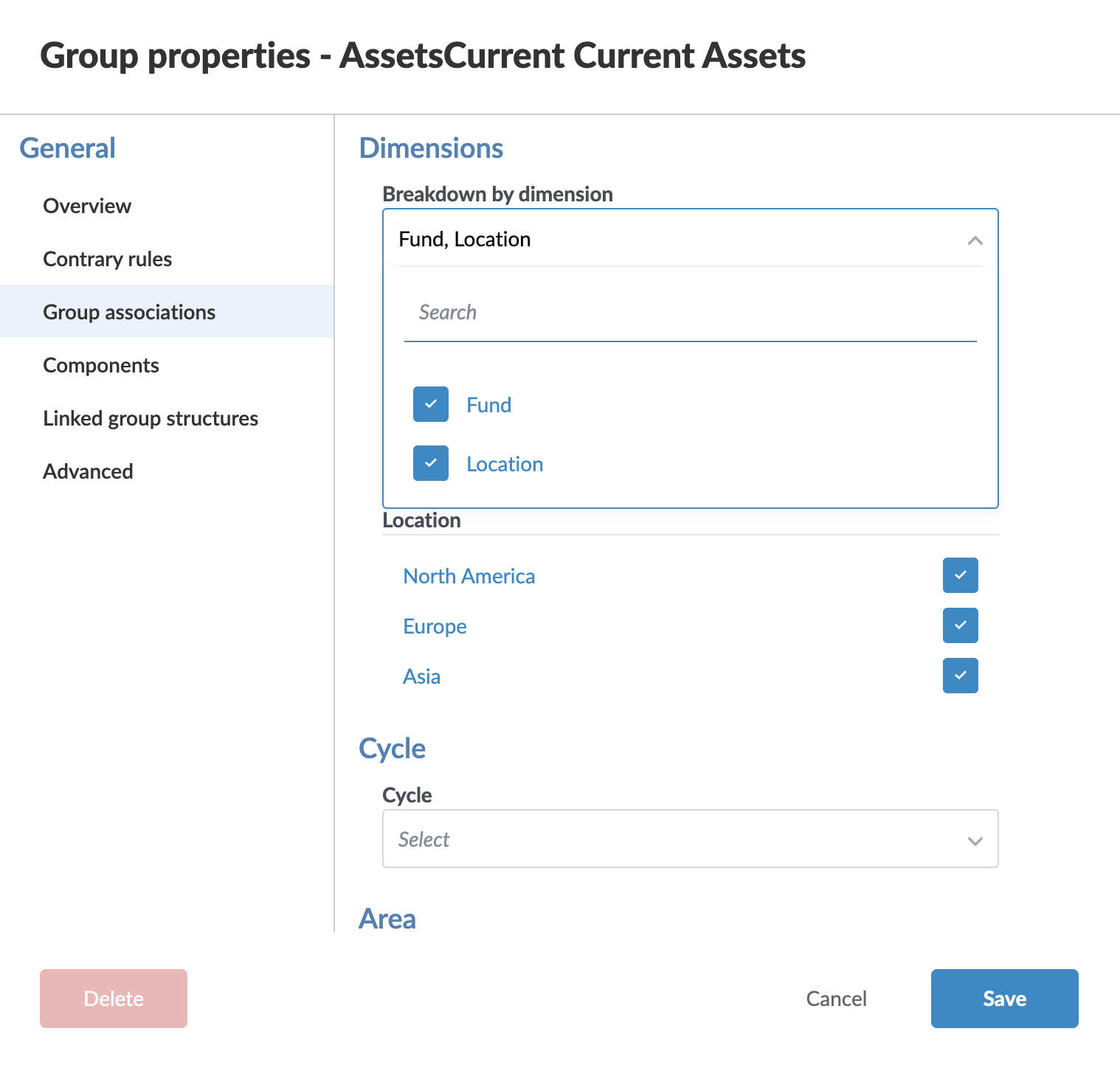 Group properties - Dimensions.