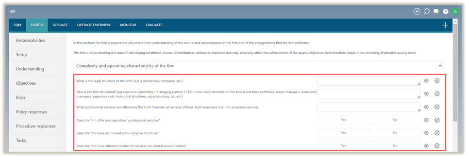 Visibile questions within the expanded section under the DESIGN tab.