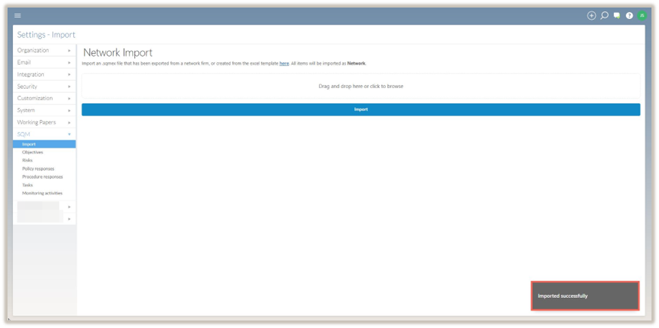 Imported successfully confirmation notification message in the Import tab of the import settings.