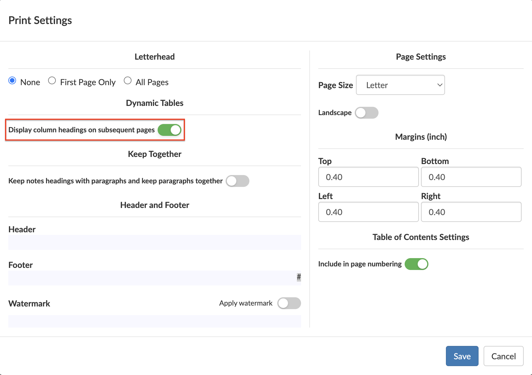 Print Settings - Display column headings on subsequent pages.