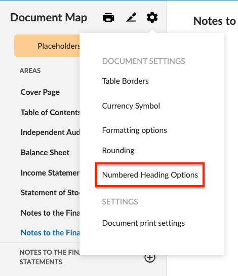 Numbered heading options.