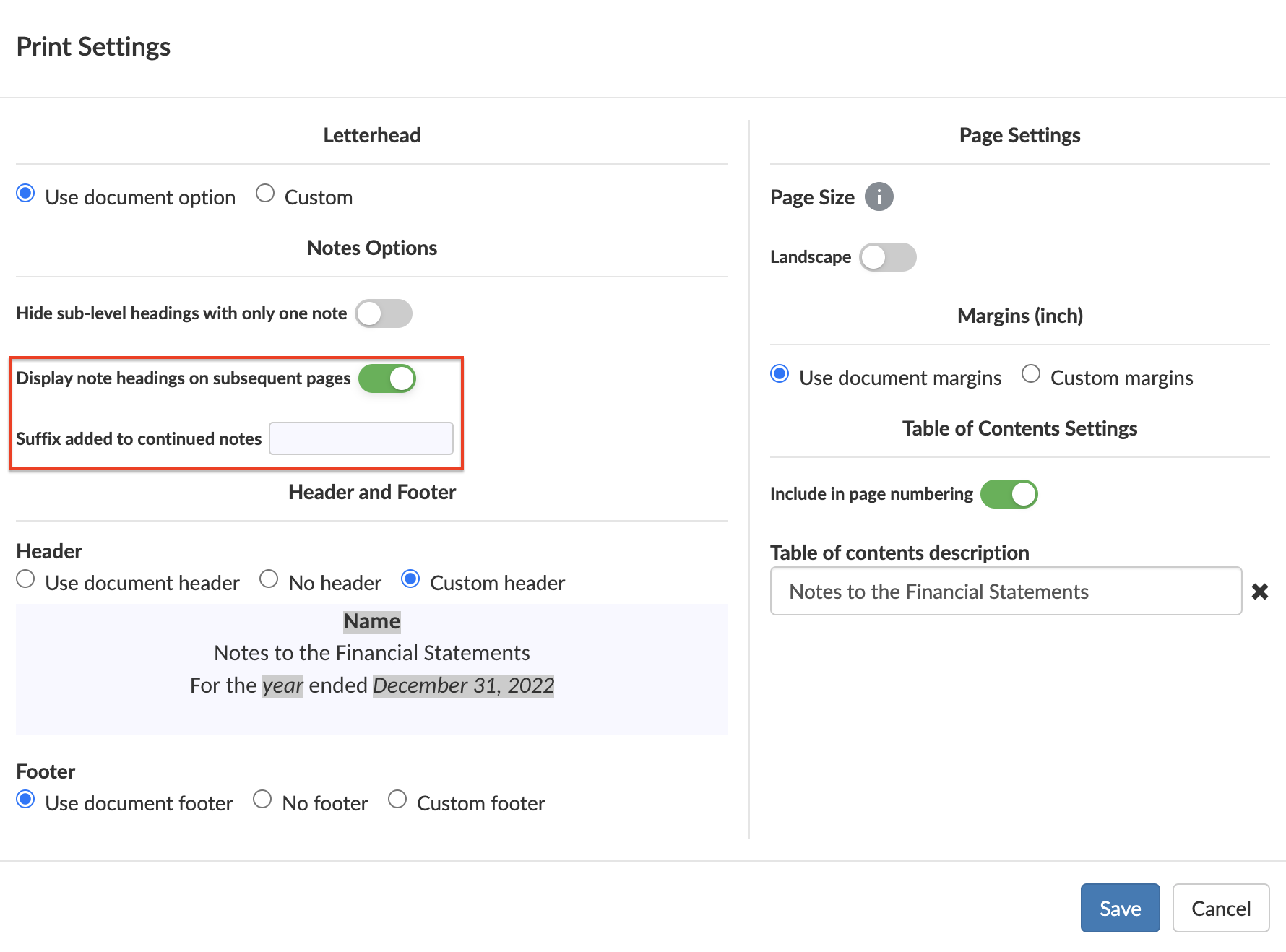 Print Settings - Display note headings on subsequent pages. 