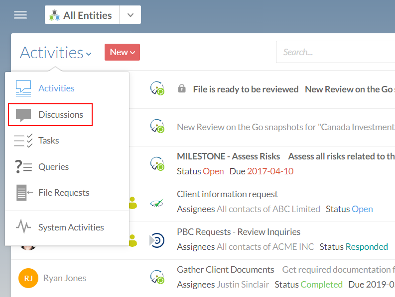Choose Discussions from the Activities menu to view discussions.