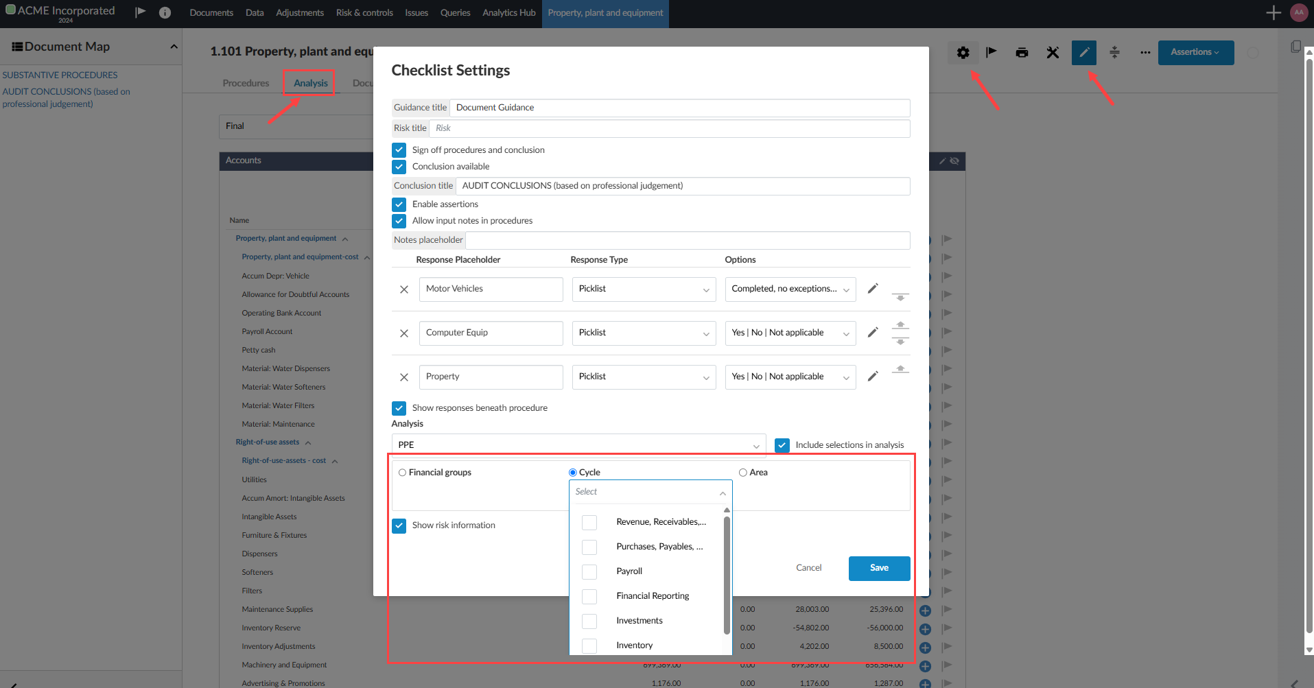 The user interface for selecting custom groups for analysis in a checklist.