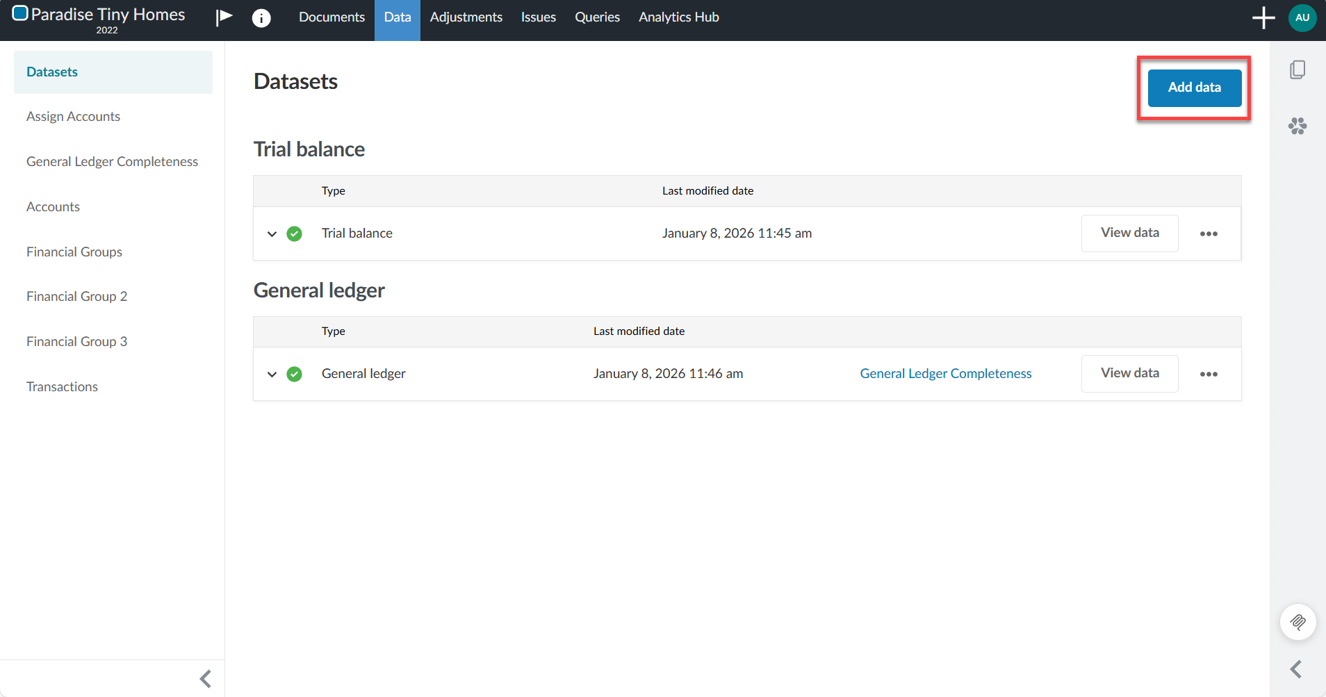 Selecting the Add data button in the Datasets tab.
