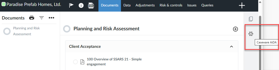 Selecting the AiDA icon on the Documents right pane to open it. 