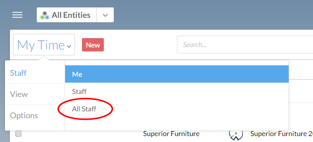 Choose All Staff to view the time entries for other staff members in your organization. Your own entries are also displayed.