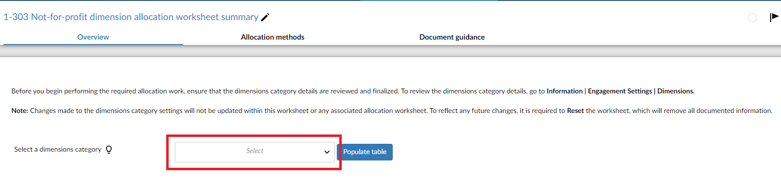 Not-for-profit dimension Allocation worksheet summary.