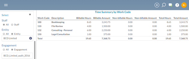 A summary report for time entries for last year's client engagement.