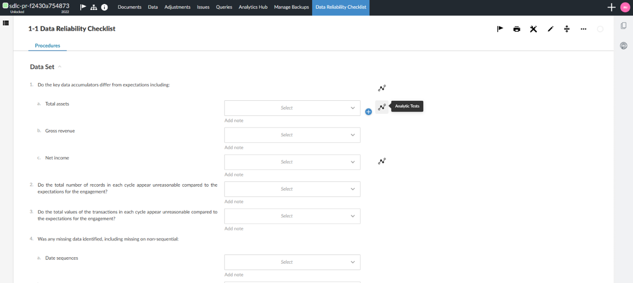 the user interface displaying the Analytics icons that are available for a checklist procedure
