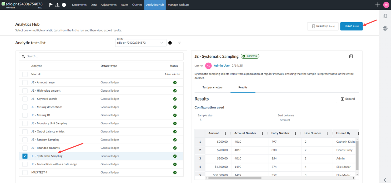 The user interface of the Analytics Hub page displaying the run button for running a test from the Hub