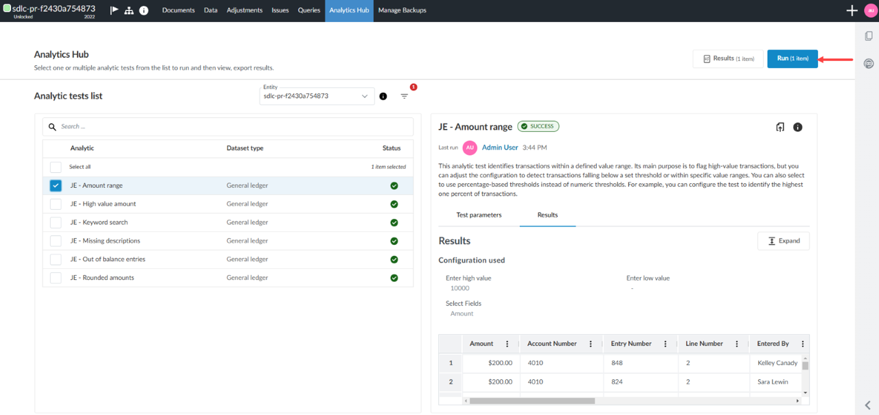the user interface for the Analytics Hub page with an arrow pointing to the Run button for running an analytic test.