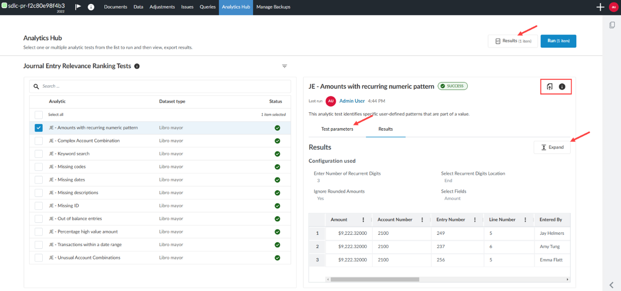the user interface for the Analytics Hub page with arrows pointing to the various tabs and buttons on the right side panel.