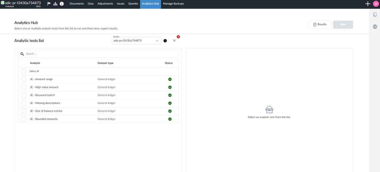 The user interface for the Analytics Hub page displaying the available analytic tests available for a checklist procedure
