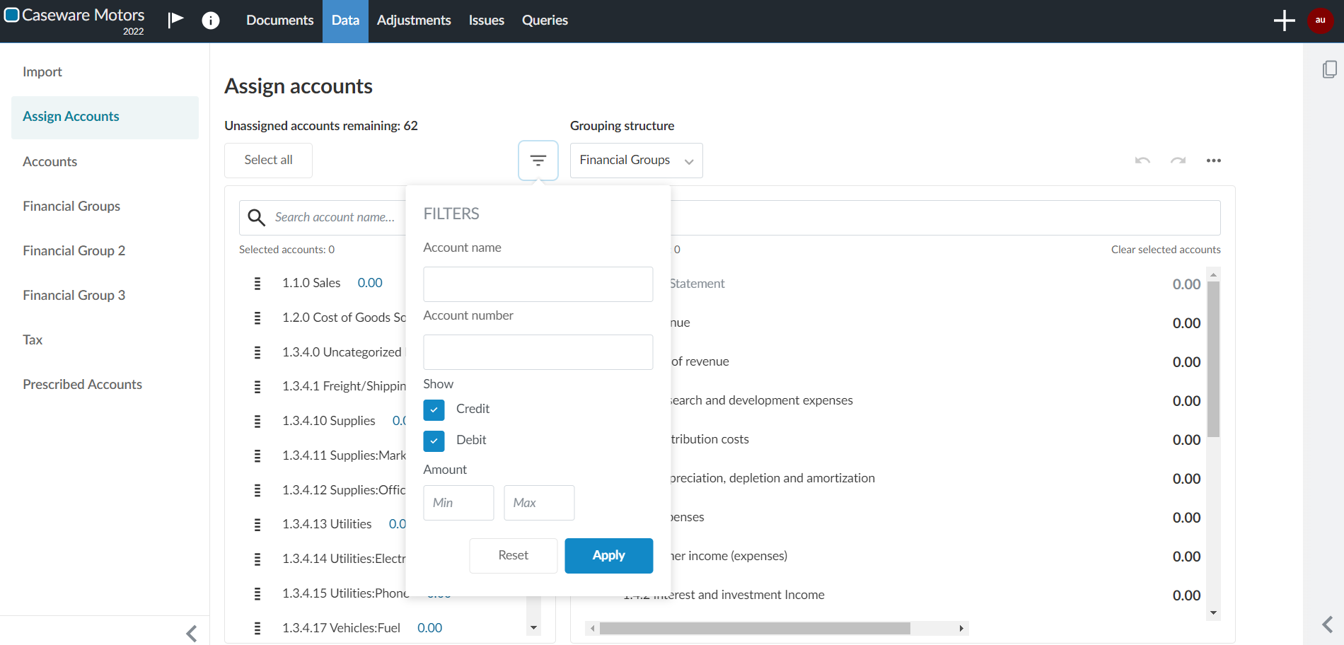 The Assign Accounts page with the Filters popover open.