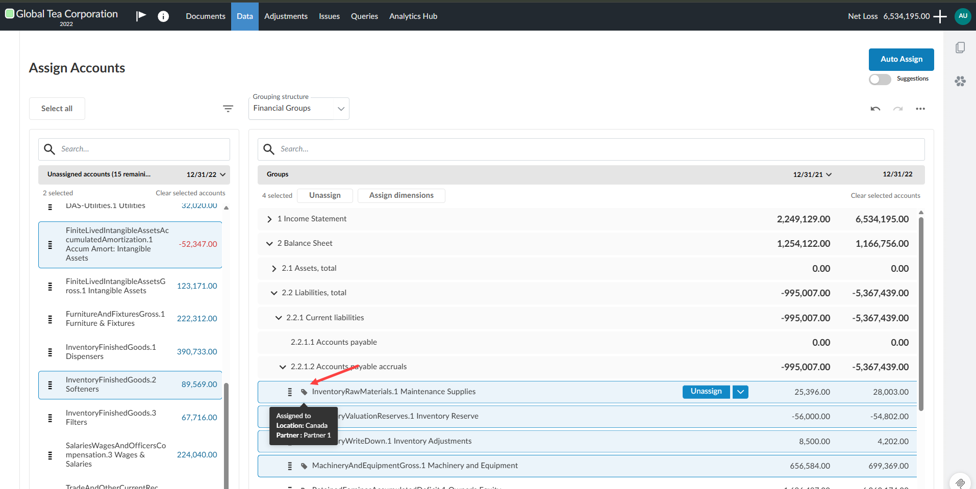The user interface for selecting individual accounts assigned with a dimension tag