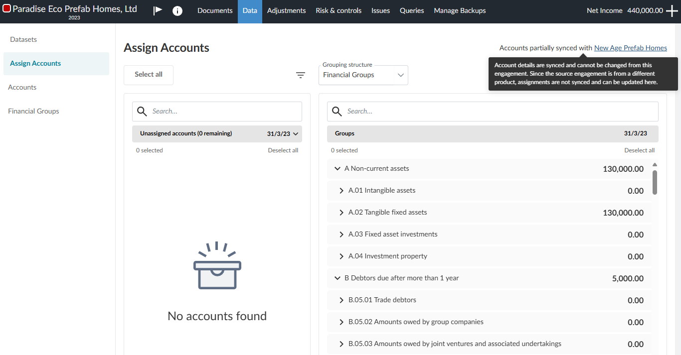 Assigning accounts to financial groups in the destination engagement.