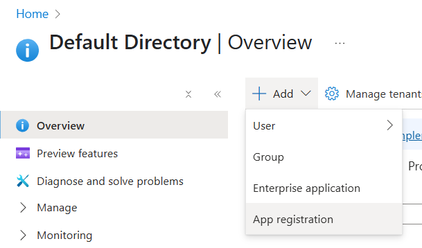 Select Add | App registration.