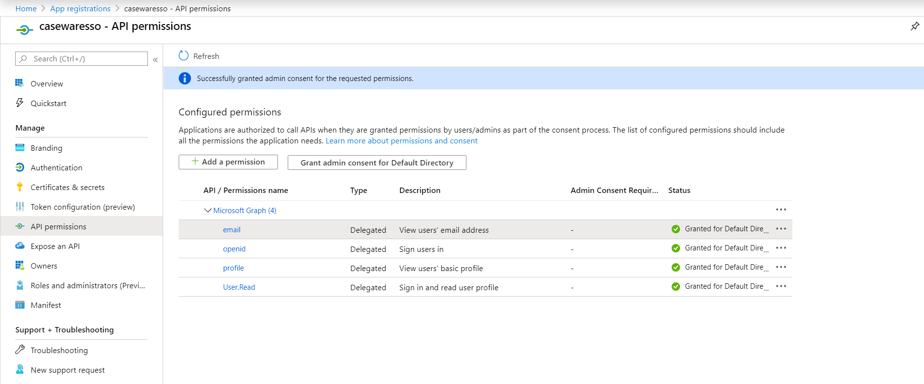 The API permissions are successfully configured.