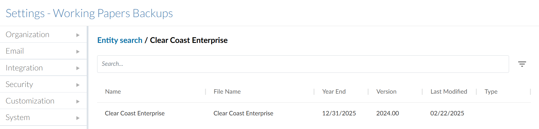 The engagement results of an entity search in the Working Papers Backups page.