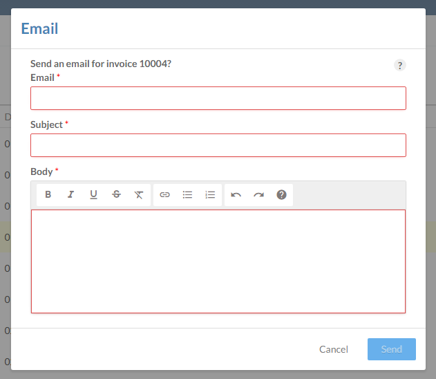 The Email dialogue is displayed when sending invoices with the Billing app. 