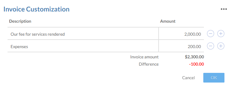 The invoice customization dialog with an error.