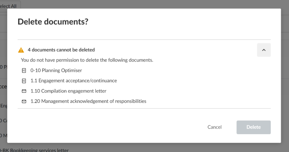 The Delete Documents confirmation dialog.