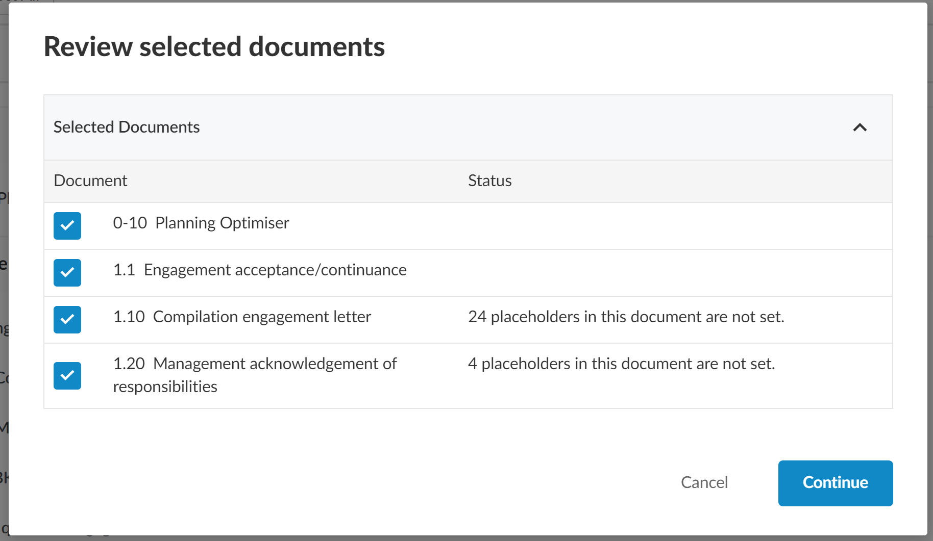 The Review selected documents dialog.