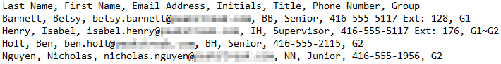 Plain text list of user information, separated by commas