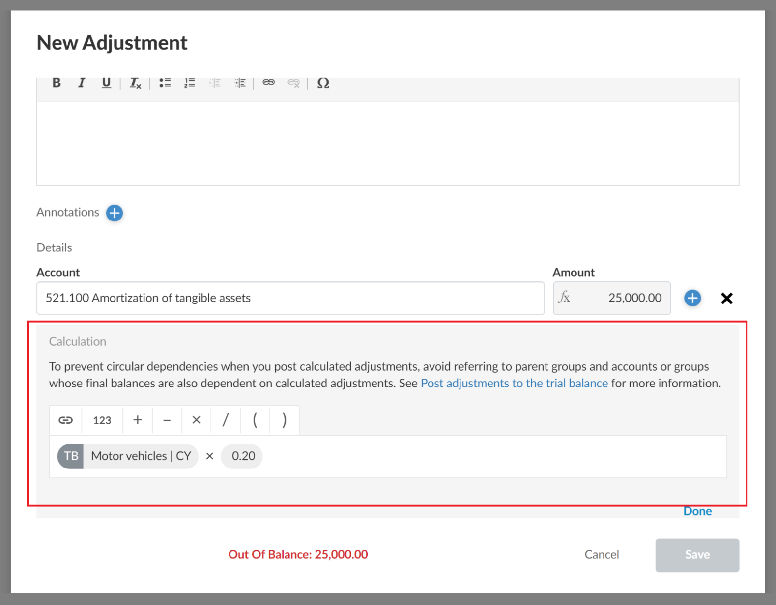 The New Adjustment dialog with the calculation field highlighted.