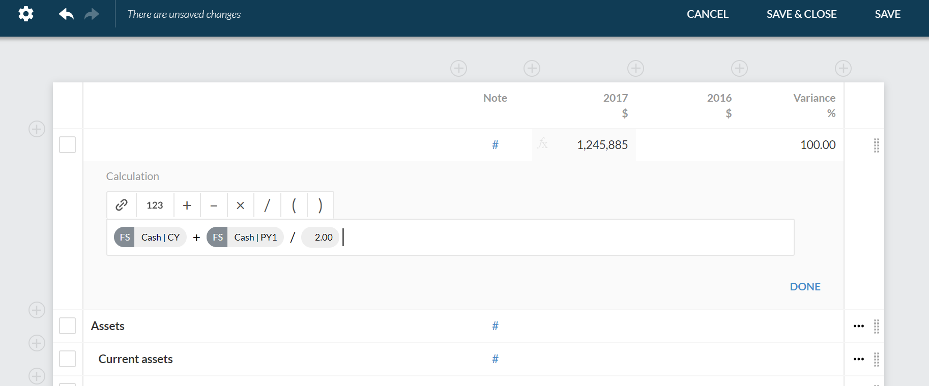 Calculation builder in financial statements tables.