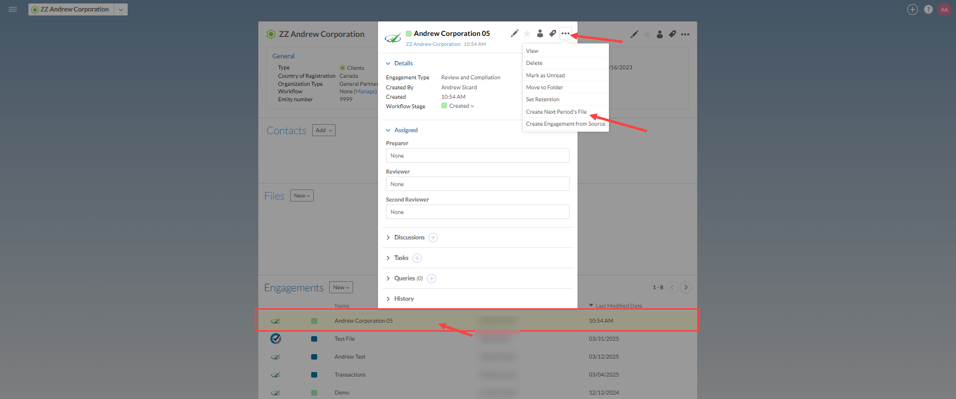 User interface for selecting Create Next Period file from the Engagement settings