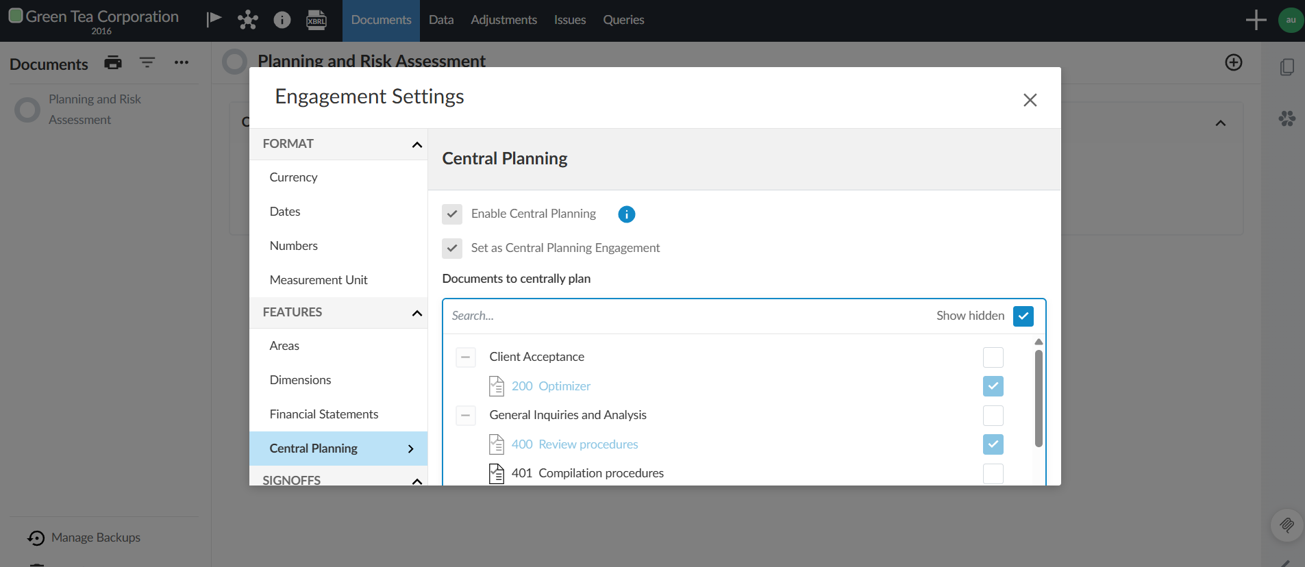The user interface for setting an engagement as centrally planned in Engagement Settings.