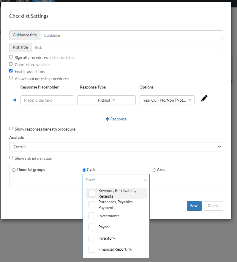 The Checklist Settings dialog displaying the drop-down menu for Cycle.