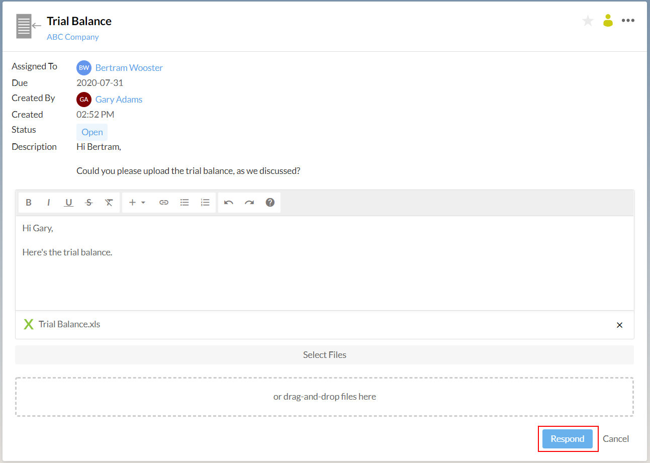 Select Respond at the bottom of the page to complete the file request.