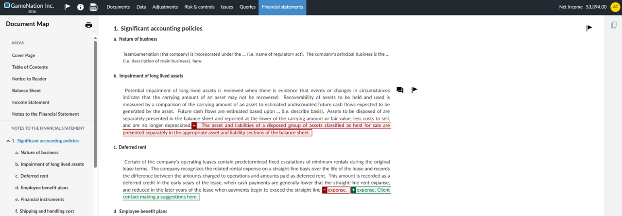 the user interface for adding edit suggestions to a financial statement.