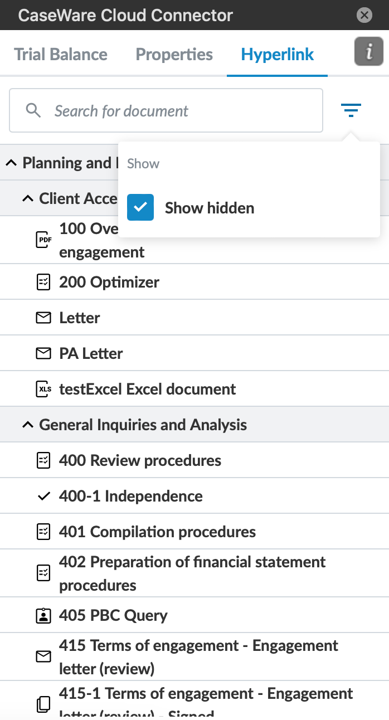 The Caseware Cloud Connector dialog box displaying the Show hidden checkbox in the Hyperlink tab.