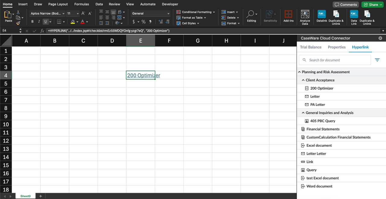 the dialog box of the Caseware Cloud Connector Hyperlink tab and a demonstration of a Caseware document url being copied into an Excel cell.