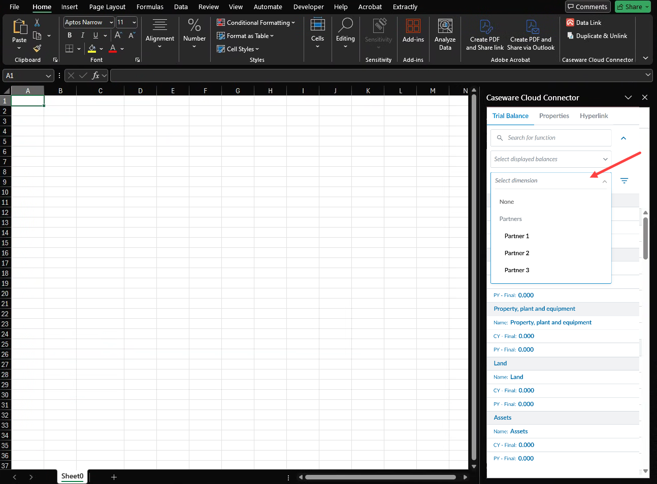 The user interface for selecting dimensions in Cloud Connector.