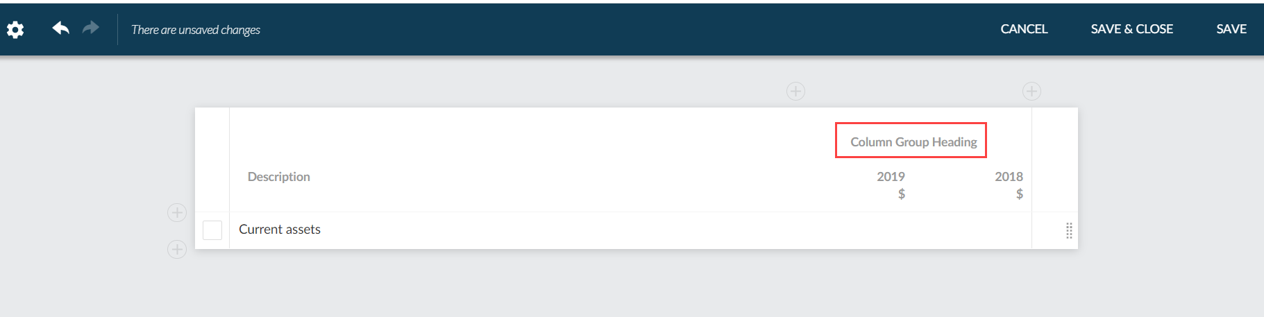 Dynamic table in edit mode with grouped columns.