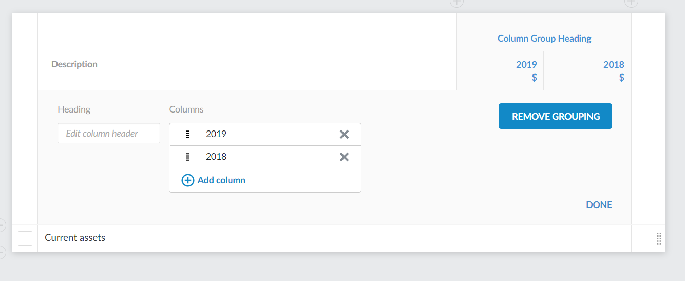 Column grouping settings.