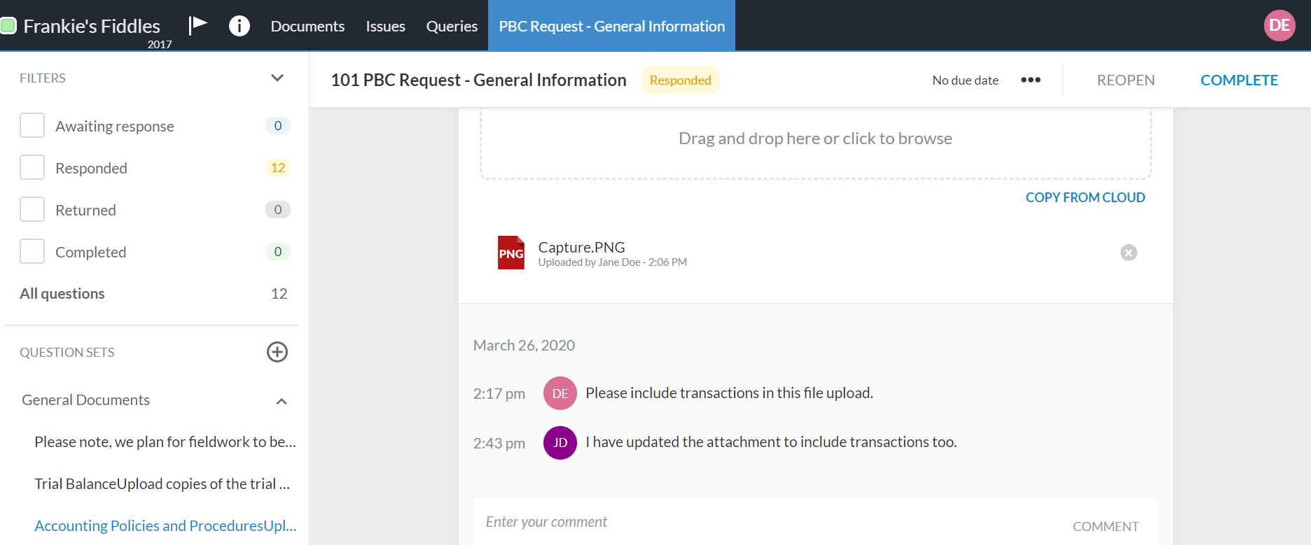 Staff and client exchange via instant messages entered in the Comment field.