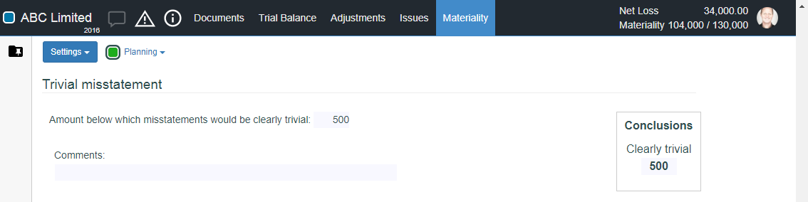 Enter a maximum amount for trivial misstatements