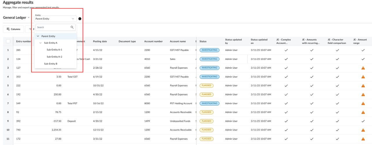 The user interface for selecting a consolidated entity from aggregate analytic test results