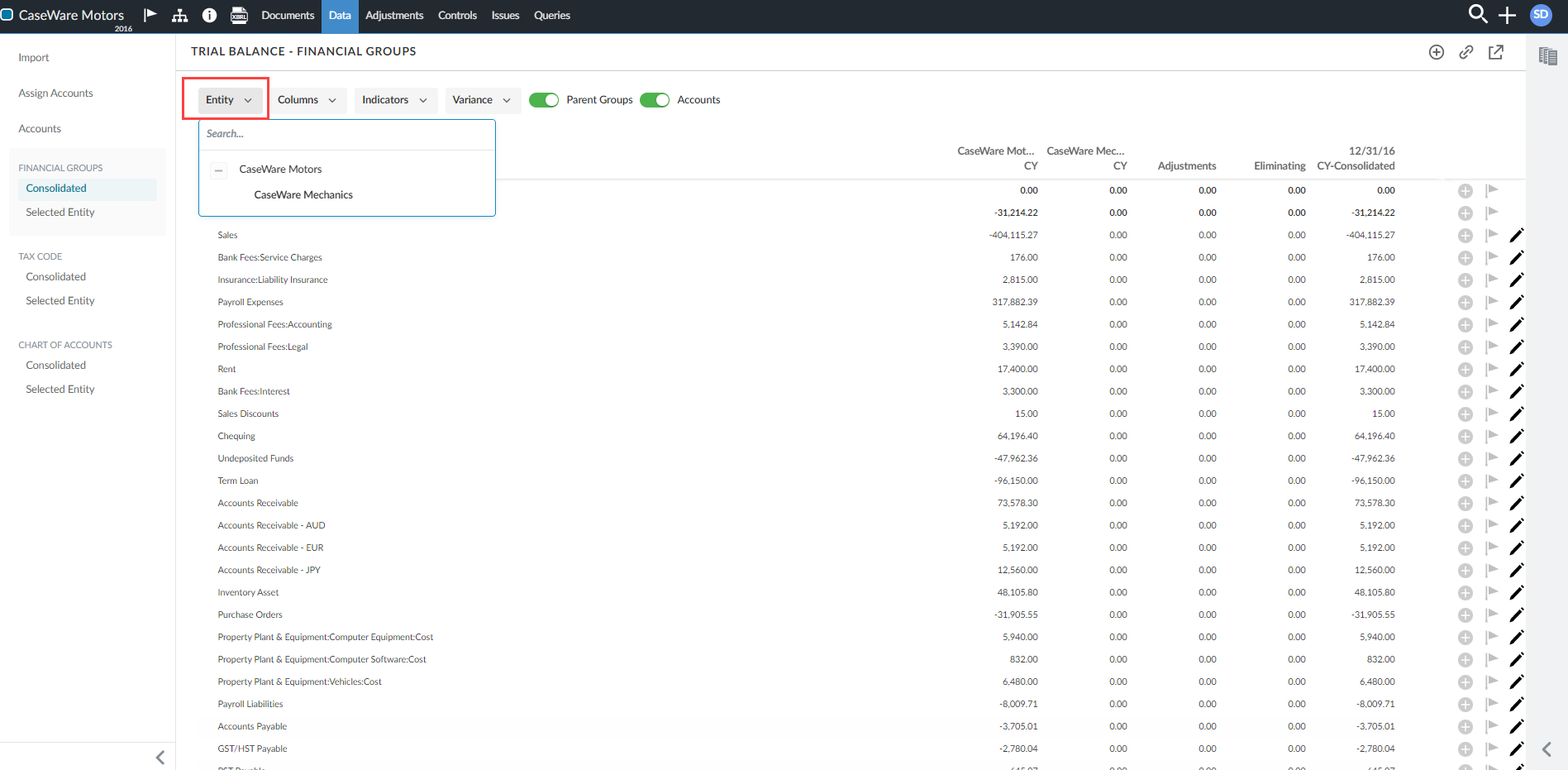 The Entity filter for the Consolidated view of financial groups.
