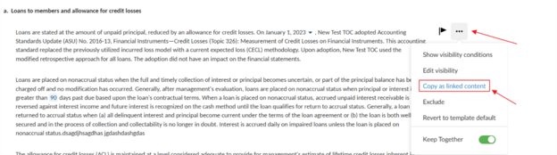 the user interface for marking text as 'Copy as linked content'.