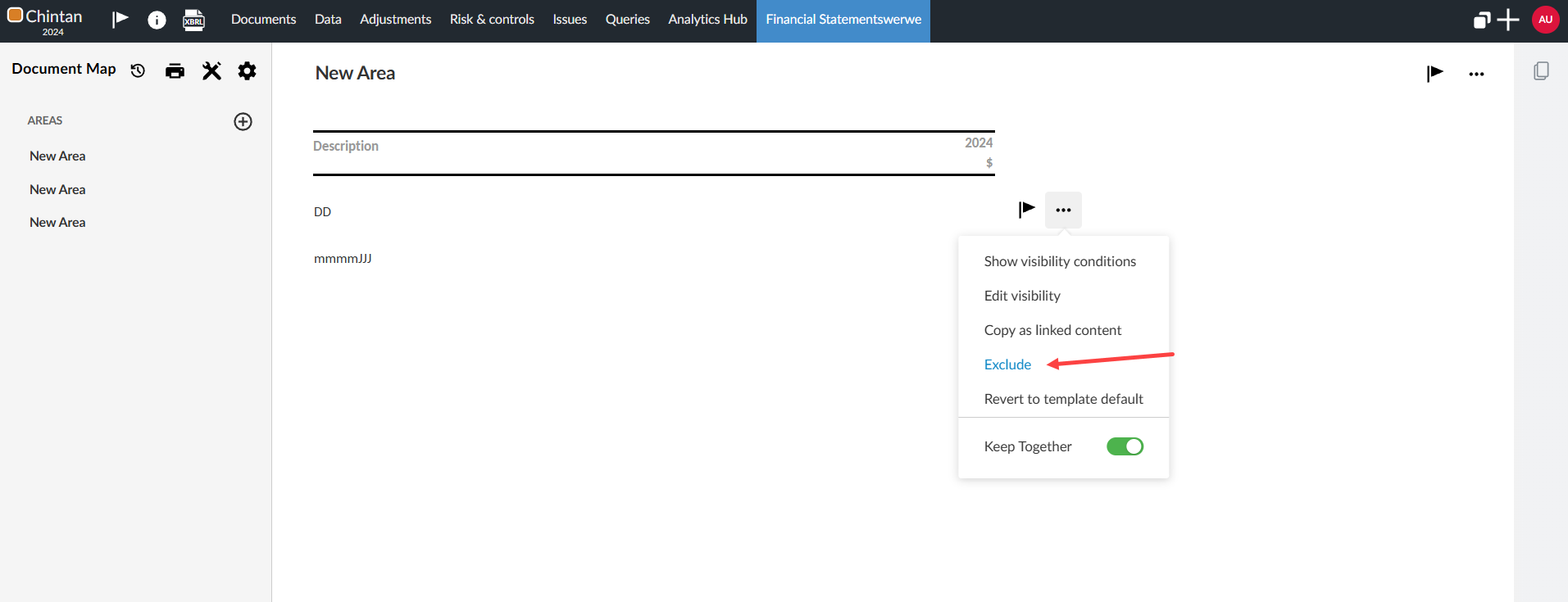 The user interface for marking content as excluded in the financial statement.