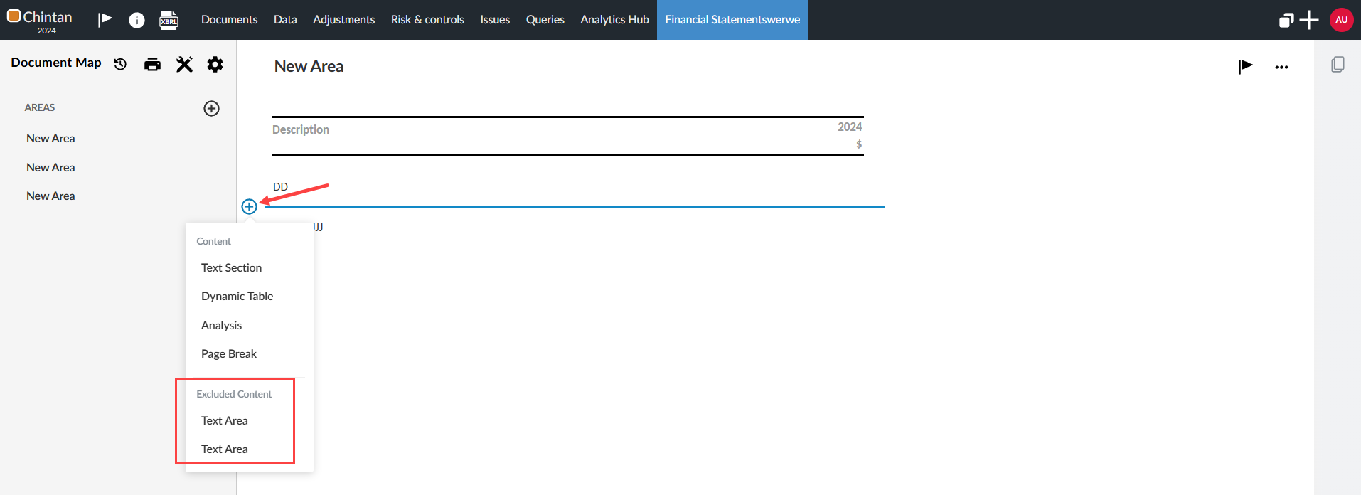 the user interface for retrieving excluded content by clicking the blue plus sign to the left of the text area.